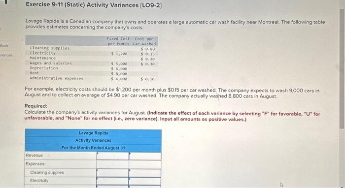 please help!! Exercise 9-11 (Static) Activity Variances [LO9-2] Lovage Ropide is a