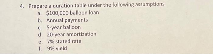  4. Prepare a duration table under the following assumptions a. $100,000