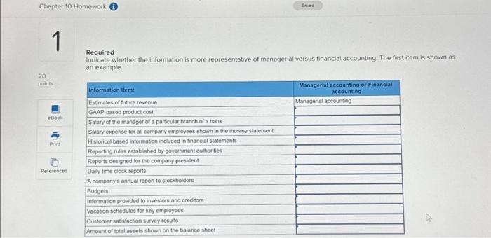  Chapter 10 Homework 1 20 points eBook Print References Required Indicate