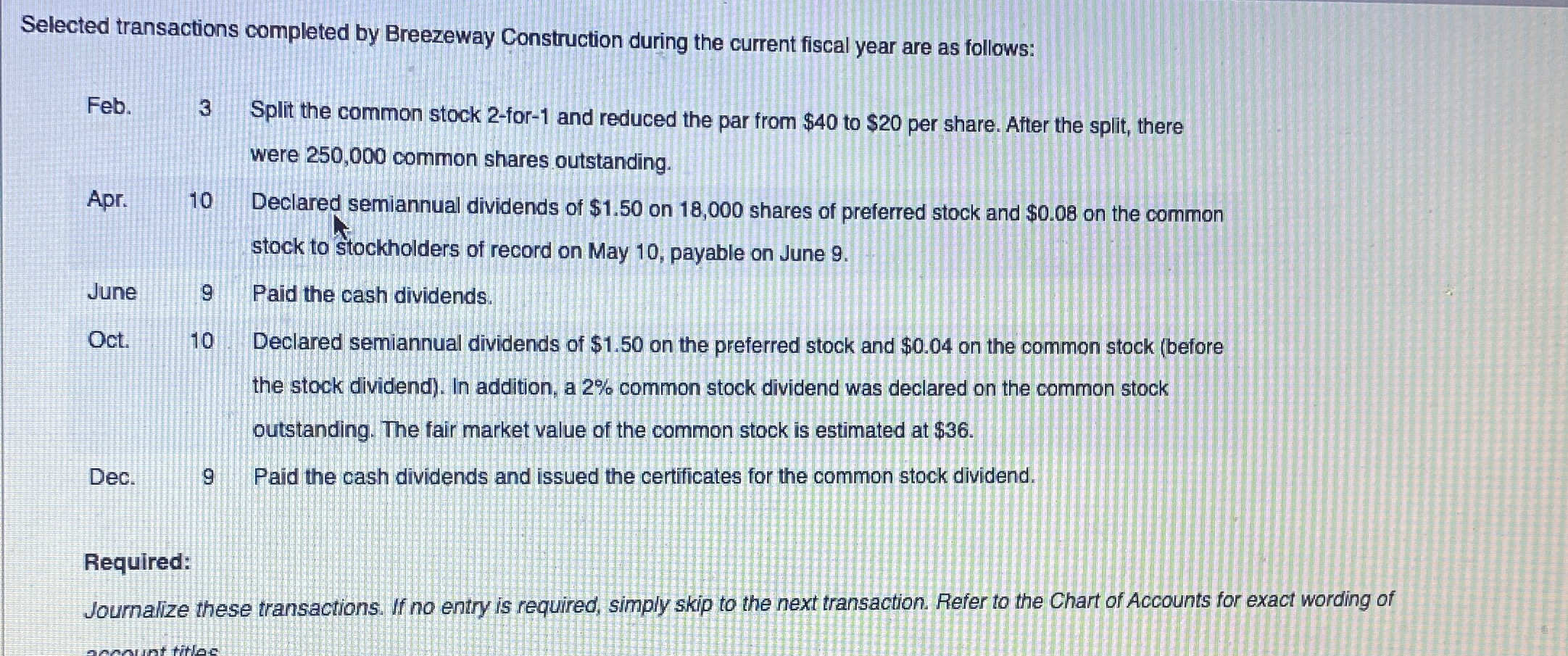  Selected transactions completed by Breezeway Construction during the current fiscal year