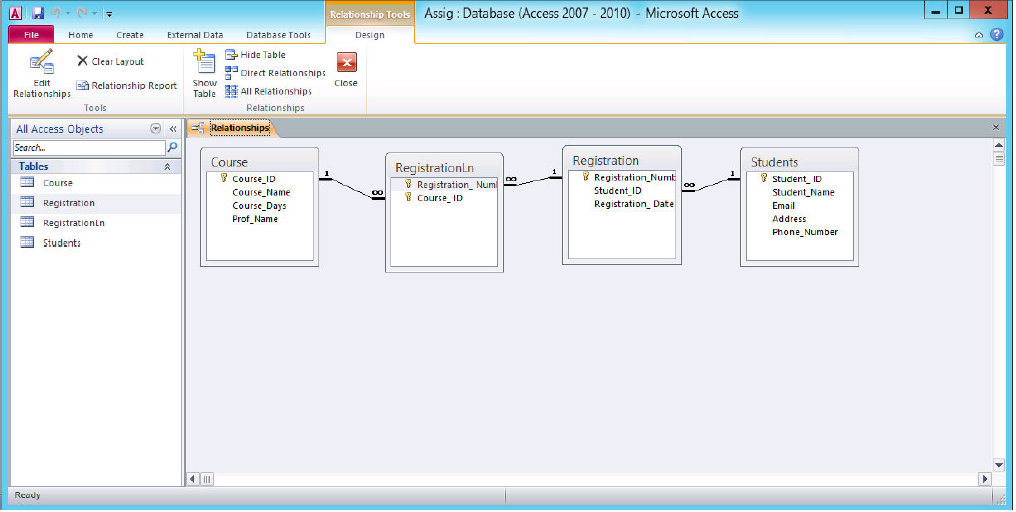 Rclationship Tools Assig: Database (Access 2007 2010) Microsoft Access Fle Home