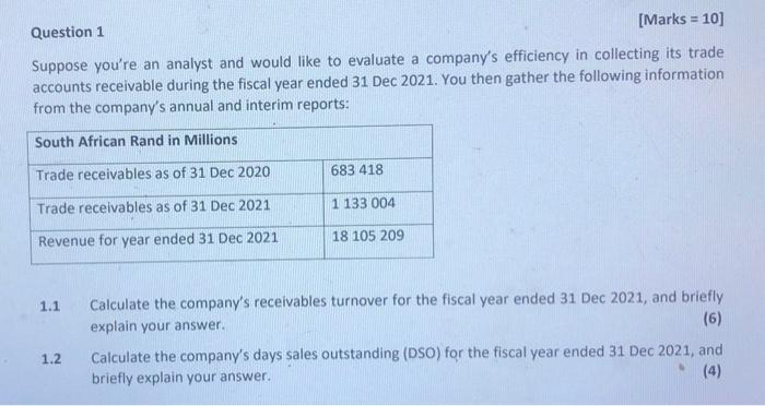  [Marks =10] Question 1 Suppose you're an analyst and would like
