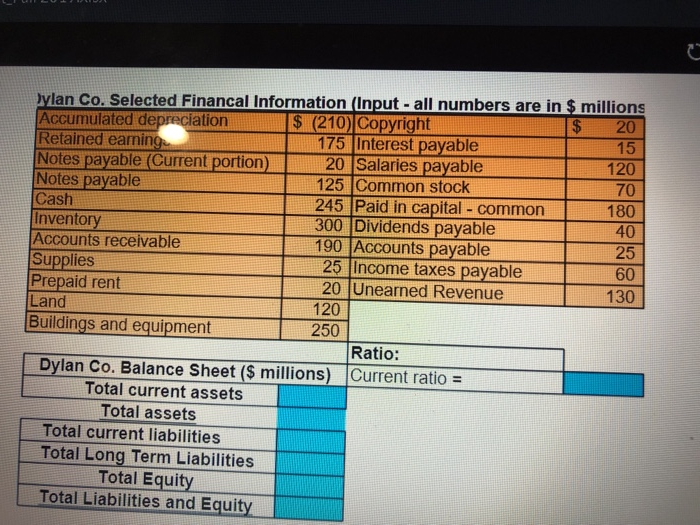  40 Dylan Co. Selected Financal Information (Input - all numbers are