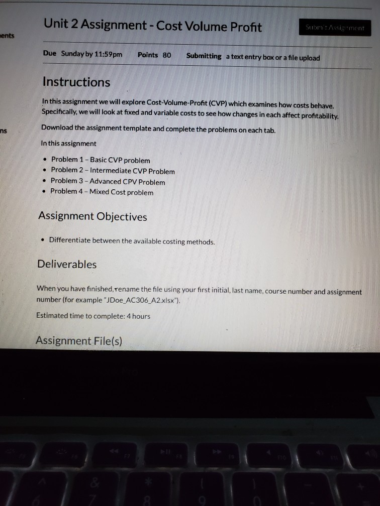  Unit 2 Assignment - Cost Volume Profit Submi Assignment ents Due