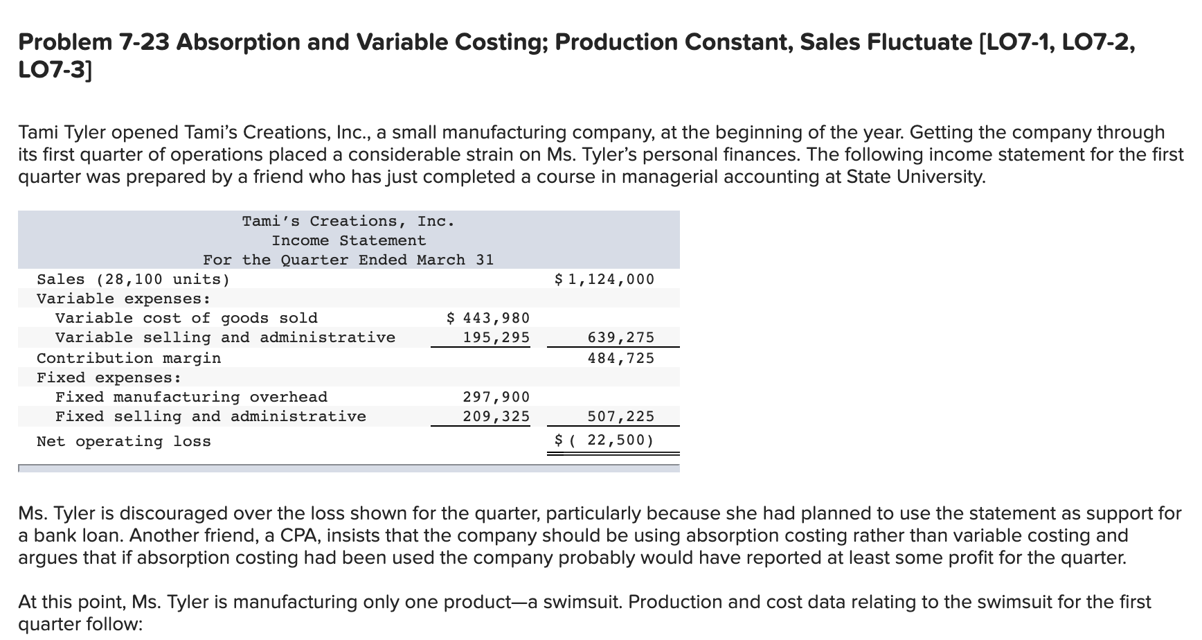 Problem 7-23 Absorption and Variable Costing; Production Constant, Sales Fluctuate [LO7-1,
