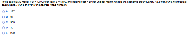  In the basic EOQ model, if D=42,000 per year, S=$100, and