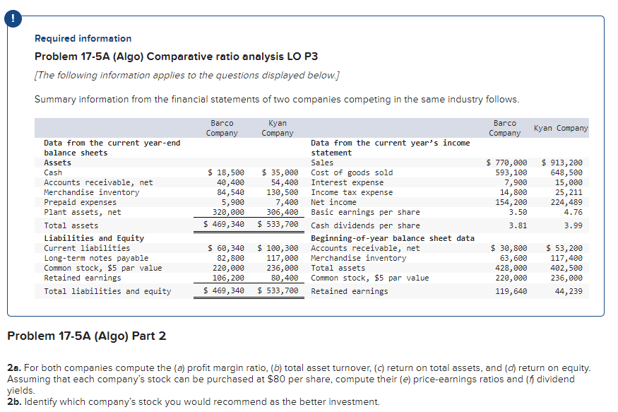Problem 17-5A (Algo) Part 2 2a. For both companies compute the (a)