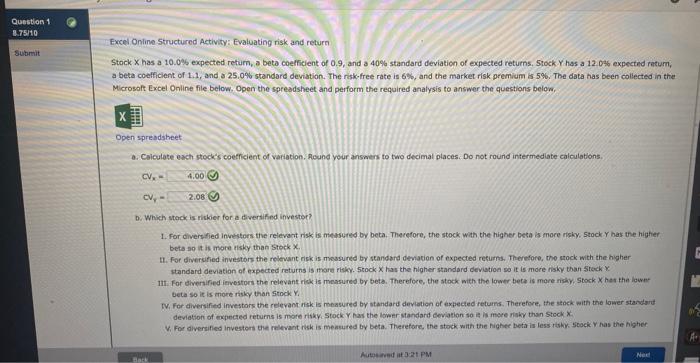  Excel Online Structured Activity: Evaluating risk and return Stock X has
