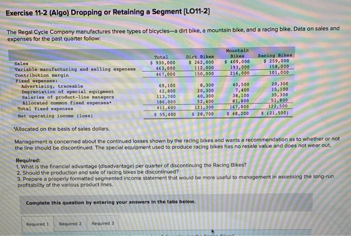 2. Exercise 11-2 (Algo) Dropping or Retaining a Segment (LO11-2) The Regal