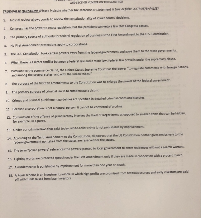  AND SECTION NUMBER ON THE SCANTRON TRUE/FALSE QUESTIONS (Please indicate whether