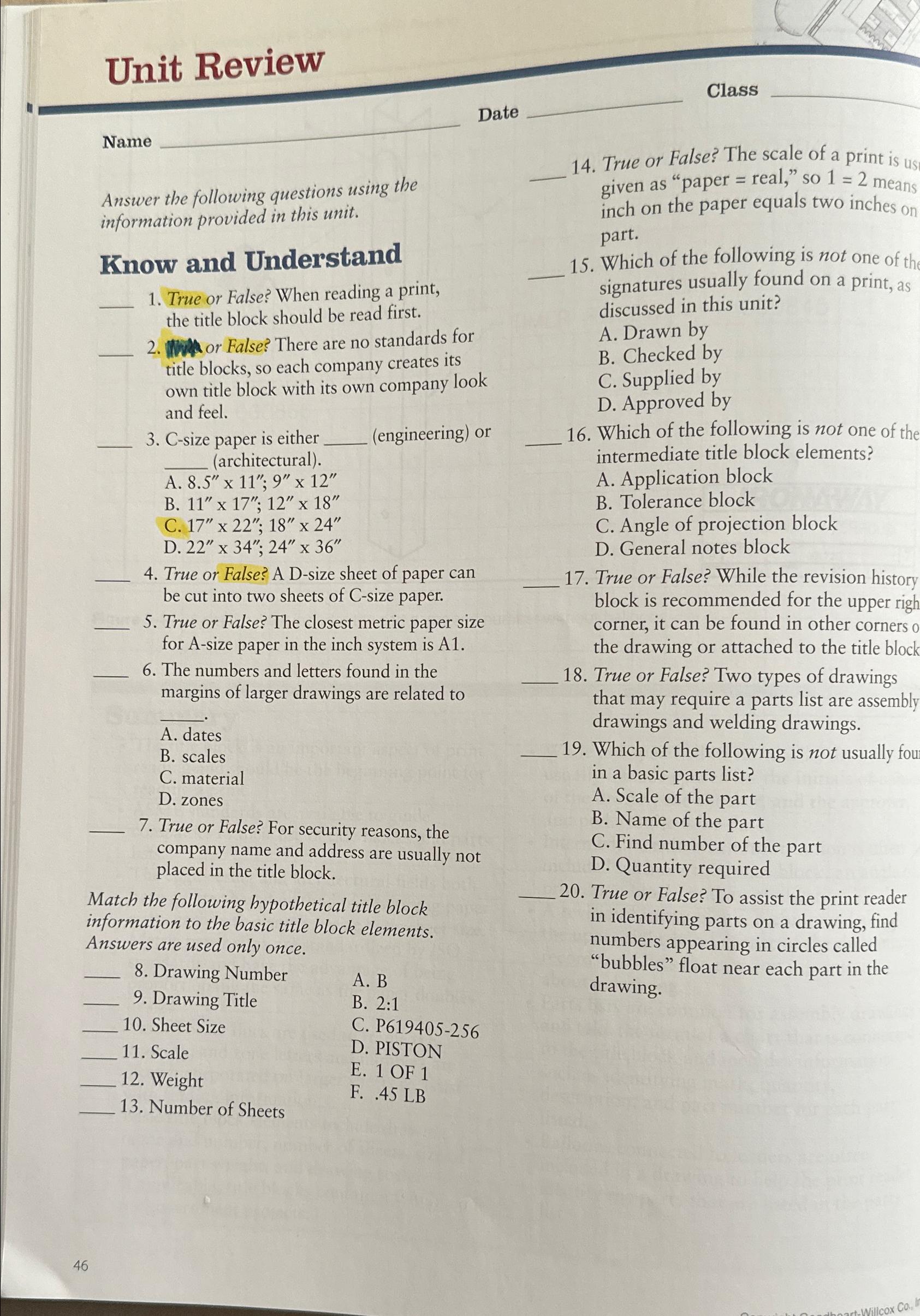  Unit Review Class Name Date Answer the following questions using the