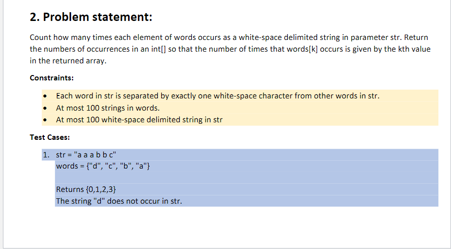  Problem statement: Count how many times each element of words occurs