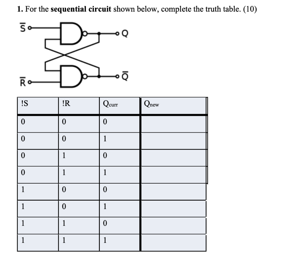 1. For the sequential circuit shown below, complete the truth table.