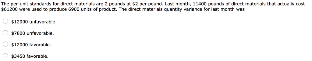 The per-unit standards for direct materials are 2 pounds at $2