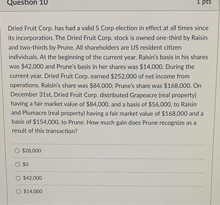  Question 10 1 pts Dried Fruit Corp. has had a valid