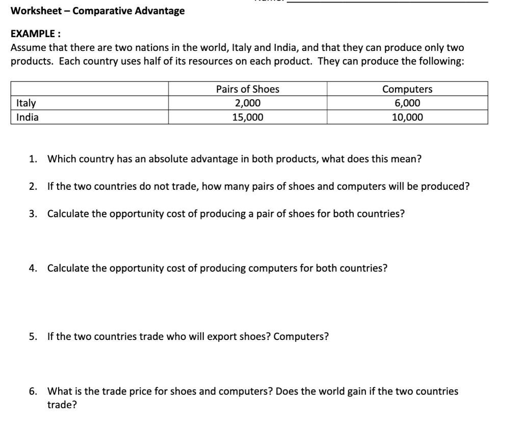 Worksheet - Comparative Advantage EXAMPLE : Assume that there are two