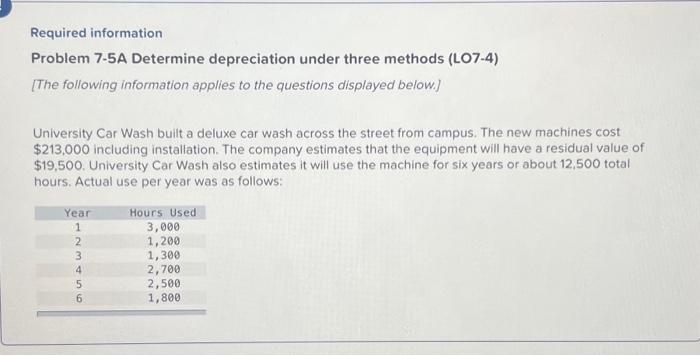  Required information Problem 7-5A Determine depreciation under three methods (LO7-4) [The