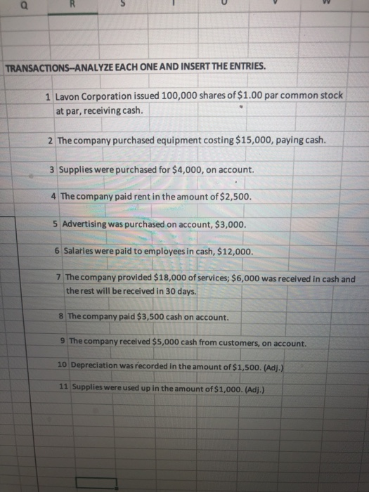 TRANSACTIONS-ANALYZE EACH ONE AND INSERT THE ENTRIES 1 Lavon Corporation issued 100,000