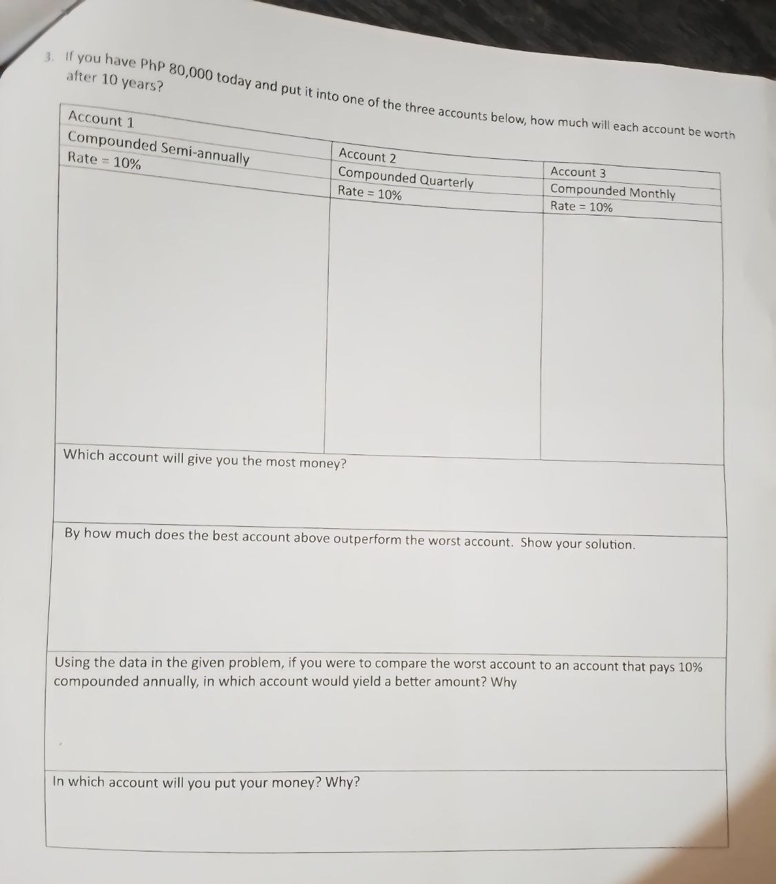 to decide at which bank she will to invest her savings from