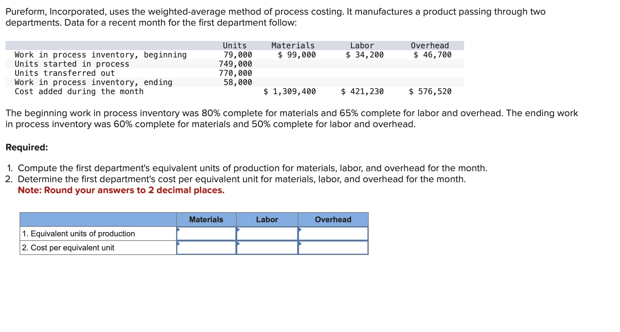  Pureform, Incorporated, uses the weighted-average method of process costing. It manufactures