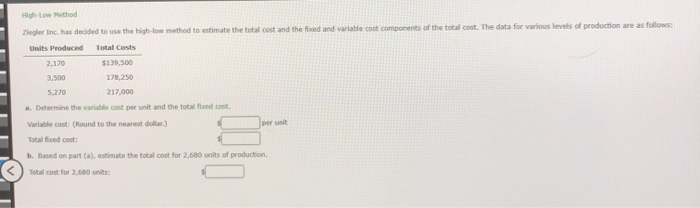  High Low Method Ziegle Inc. has decided to use the high-low