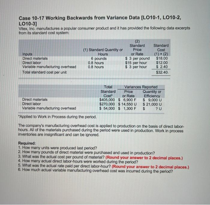  Case 10-17 Working Backwards from Variance Data [LO10-1, LO10-2, LO10-3] Vitex,