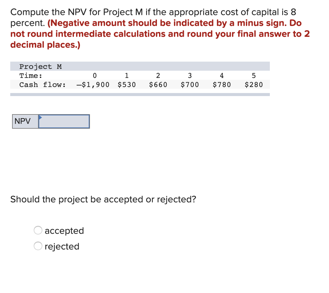 Compute the NPV for Project M if the appropriate cost of