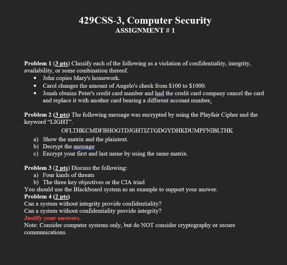  ASSIGNMENT \# 1 Problem 1 ( 3 pts ) Classify each