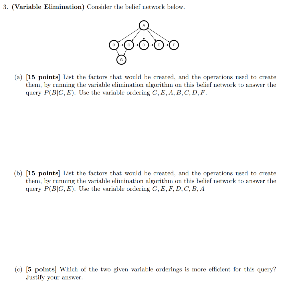  3. (Variable Elimination) Consider the belief network below. (a) [15 points|