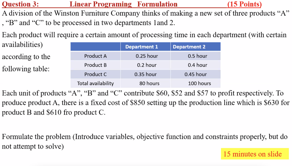  Question 3: Linear Programing Formulation (15 Points) A division of the