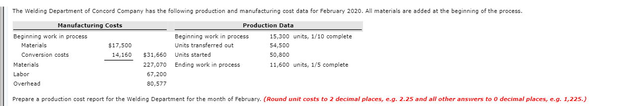 a production cost report for the Welding Department for the month of