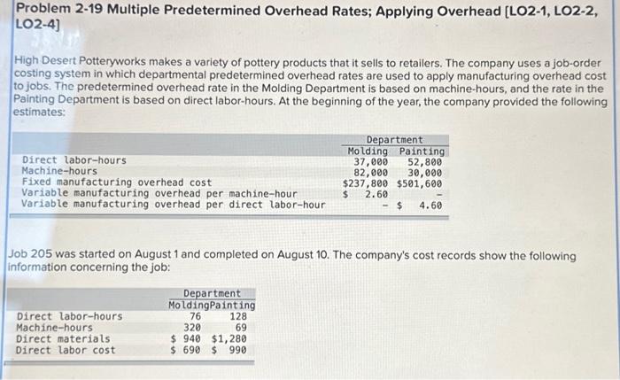  Problem 2-19 Multiple Predetermined Overhead Rates; Applying Overhead [LO2-1, LO2-2, [O2-4]