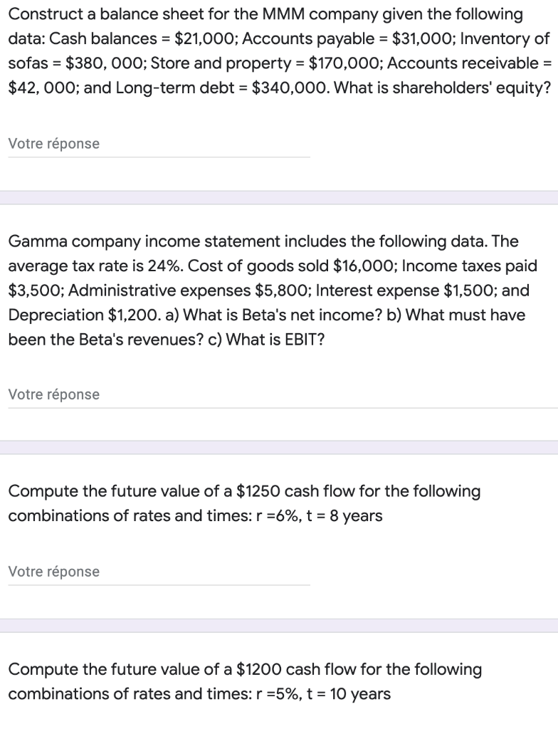 Construct a balance sheet for the MMM company given the following