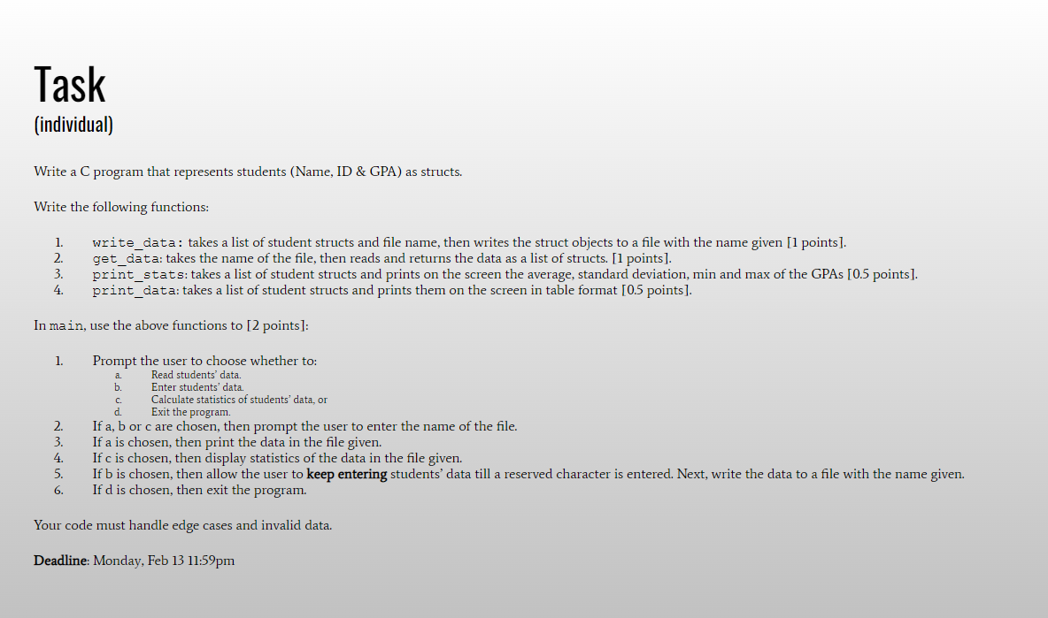  Write a C program that represents students (Name, ID \& GPA)