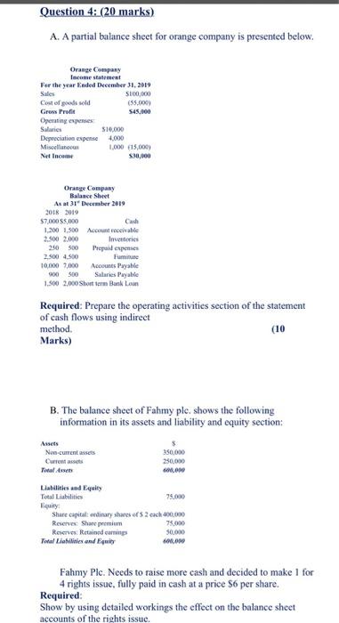  Question 4: (20 marks) A. A partial balance sheet for orange