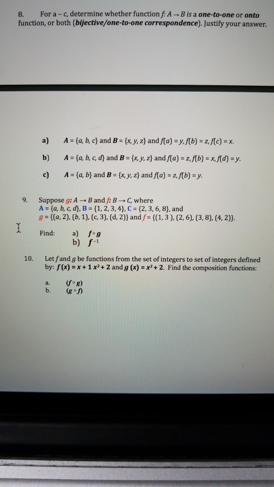 8. For a - c, determine whether function fA B is
