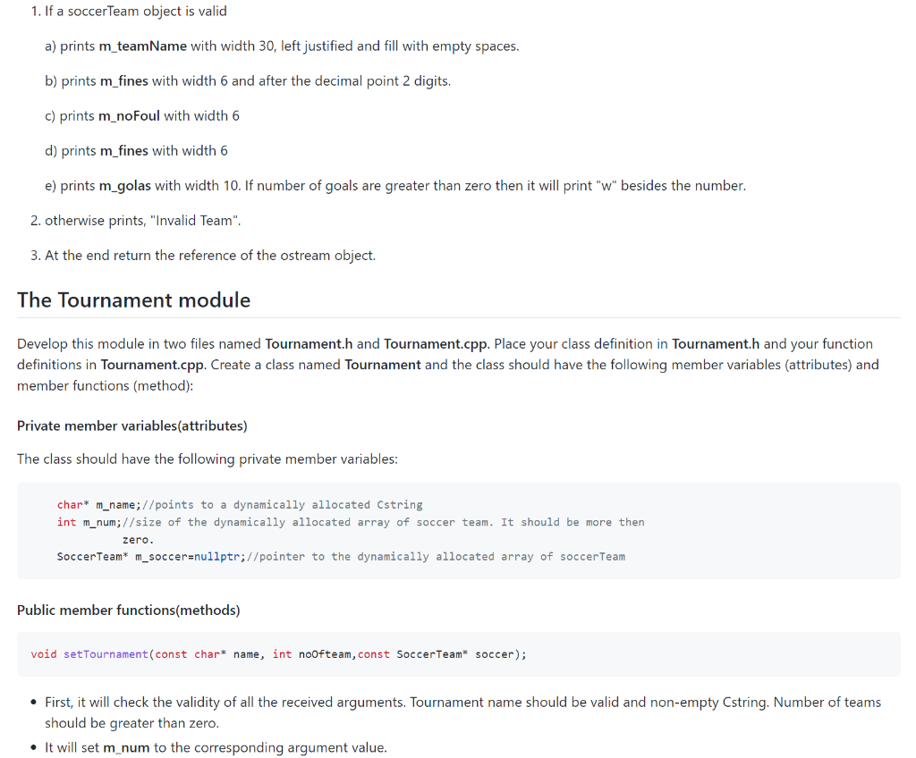 the instruction. Need 4 separate files (SoccerTeam.cpp SoccerTeam.h Tournament.cpp Tournament.h). Please check