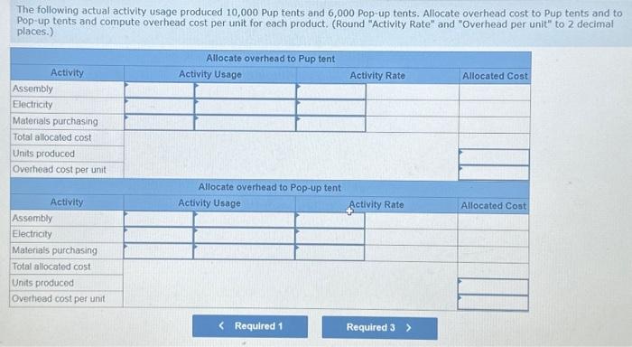 for each activity using activity based costing. 2. The following actual activity