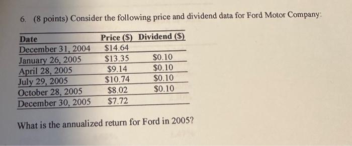 Please use excel to find your answer. 6. ( 8 points) Consider