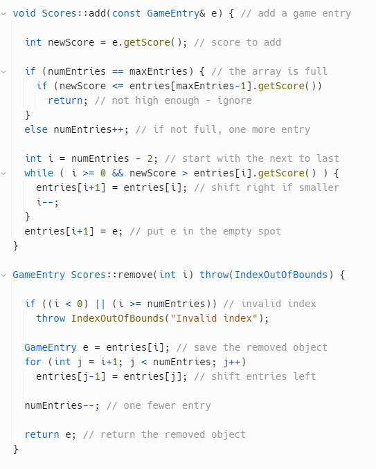 for performing add(e) and remove(i) functions for game entries stored in an