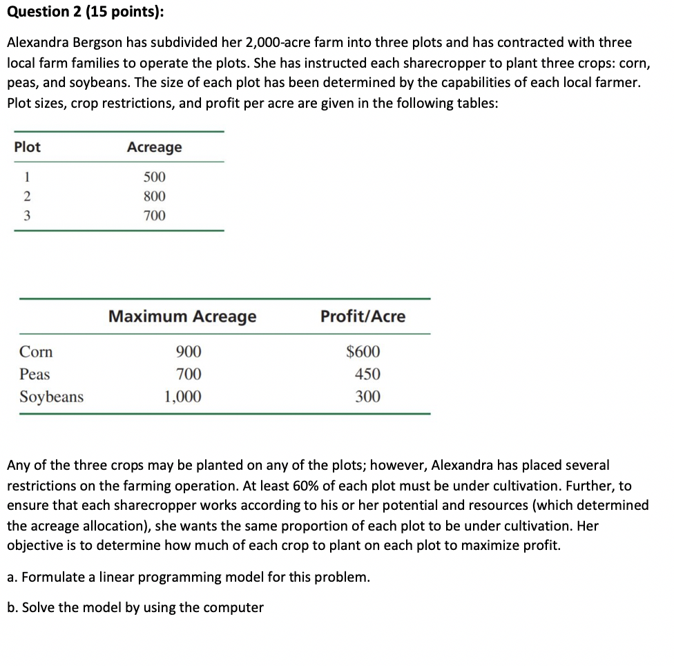 Question 2 (15 points): Alexandra Bergson has subdivided her 2,000-acre farm