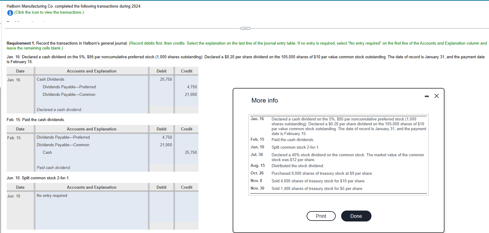 Please help with Jul. 30th entry! Halborn Manufacturing Co. completed the following