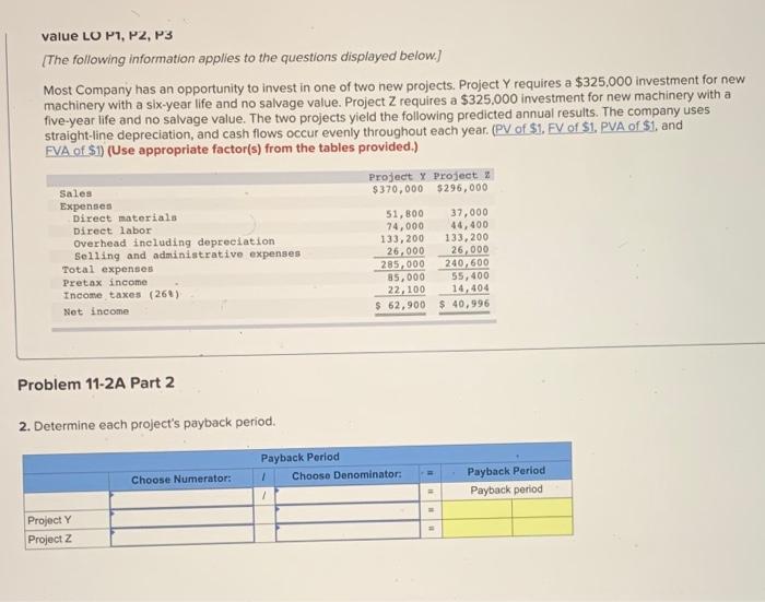 and net present value LO P1, P2, P3 [The following information applies