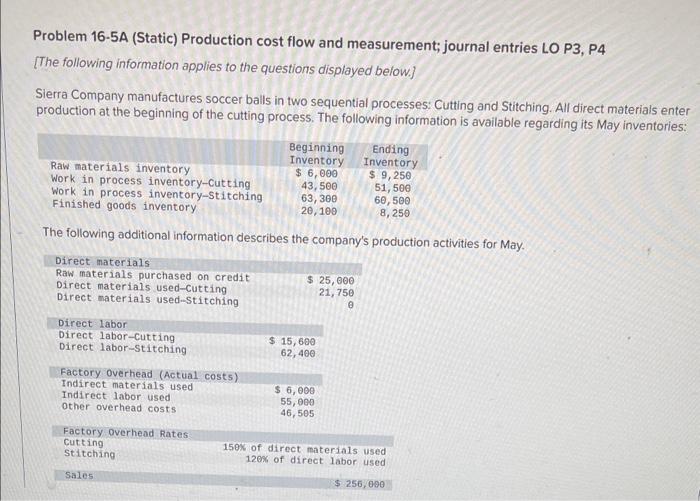  ch16 Please I need help please Problem 16-5A (Static) Production cost