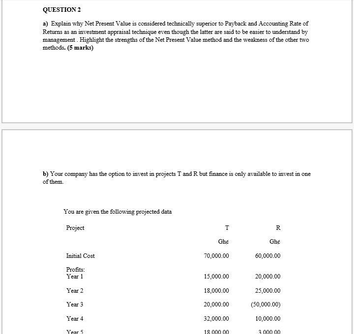  QUESTION 2 a) Explain why Net Present Value is considered technically
