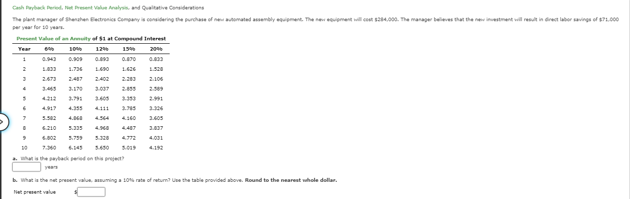 Cash Payback Period, Net Present Value Analysis, and Qualitative Considerations The
