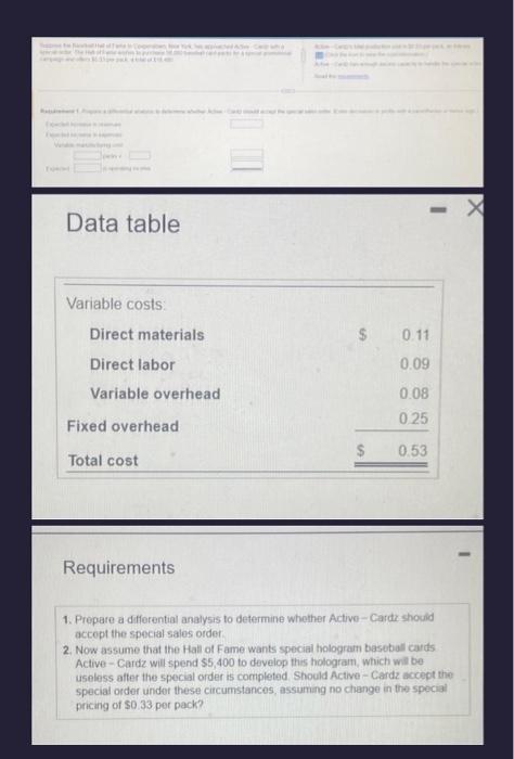  Data table Variable costs: Direct materials Direct labor Variable overhead Fixed