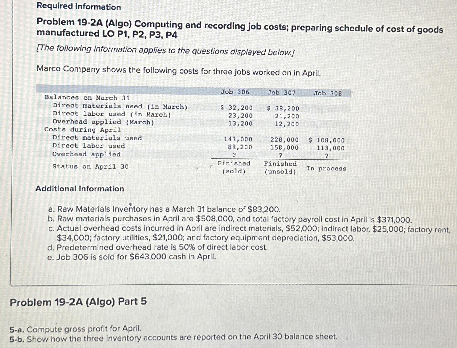  Required information Problem 19-2A (Algo) Computing and recording job costs; preparing