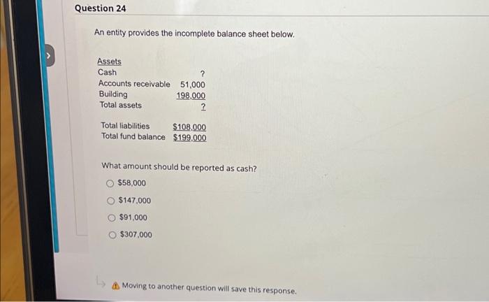  Question 24 An entity provides the incomplete balance sheet below. Assets