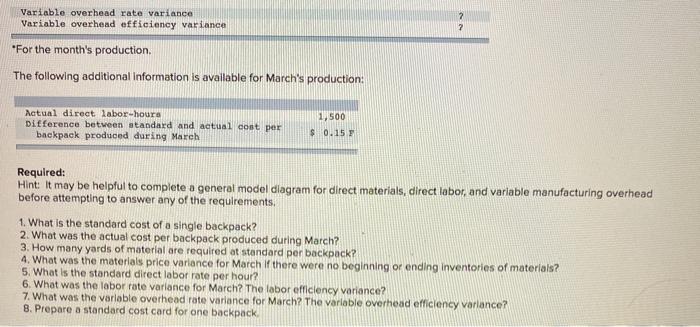 a lightweight backpack that is popular with college students. Standard variable costs